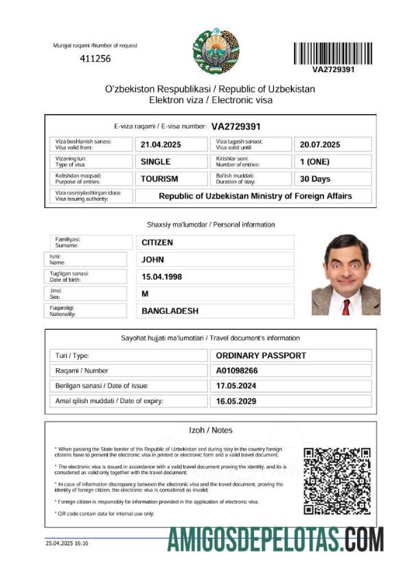 para download Modelo de visto eletrônico para o Uzbequistão em formatos Word e PDF, versão 2